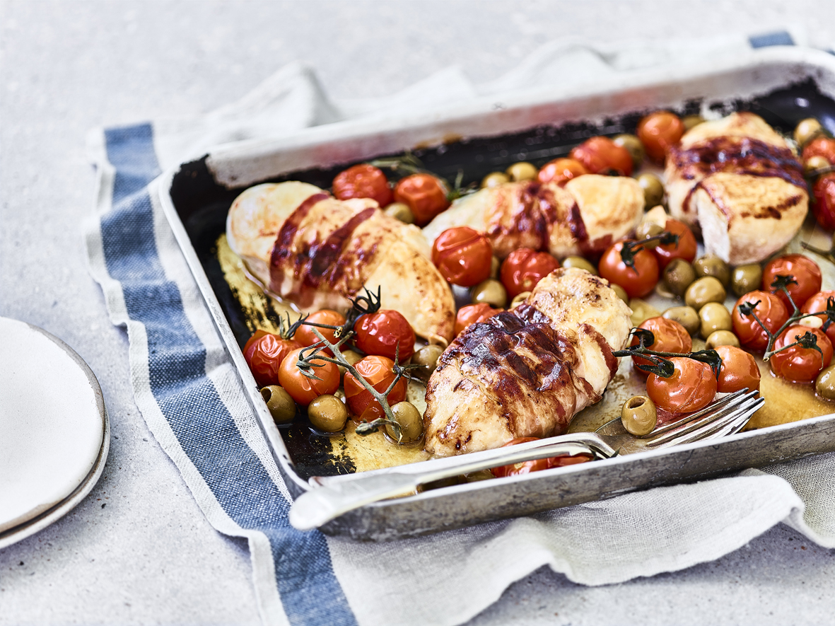 Traybake Pancetta Chicken with Olives & Tomatoes